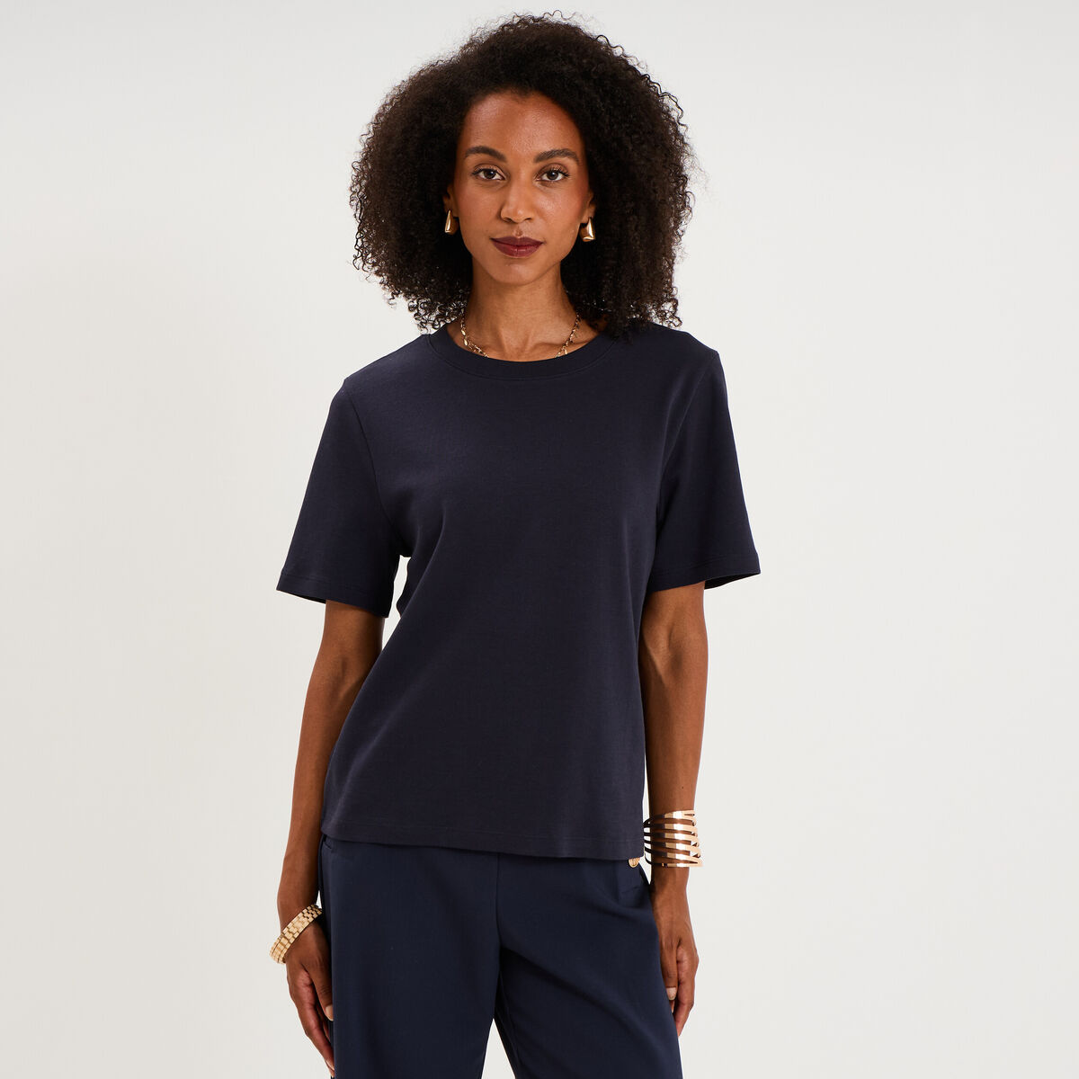 T-shirt manches courtes col rond coton bleu fonc&eacute; femme