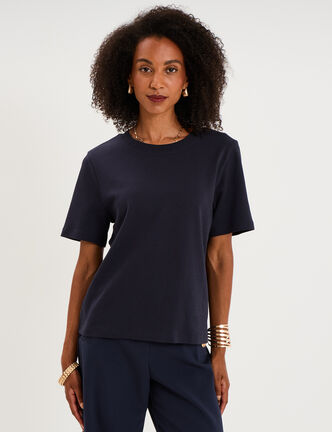 T-shirt manches courtes col rond coton bleu fonc&eacute; femme