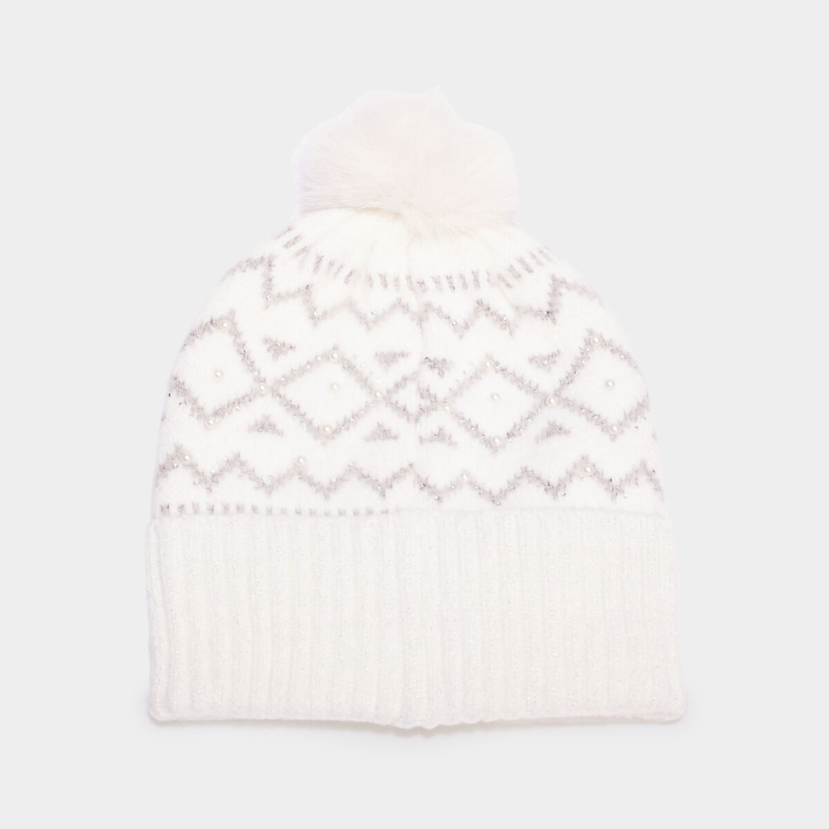 Bonnet avec pompon ivoire femme