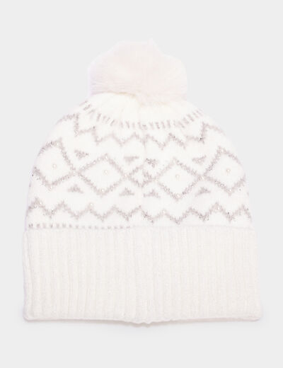 Bonnet avec pompon ivoire femme