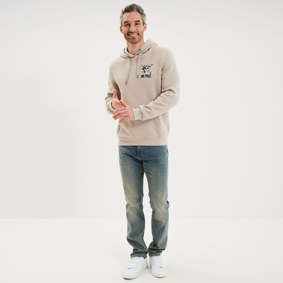 Sweat hoodie molleton 1 poche One Piece gris clair homme