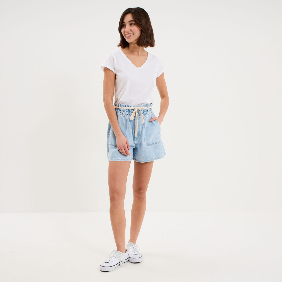Short mom en jean ceinture cordon denim triple stone femme