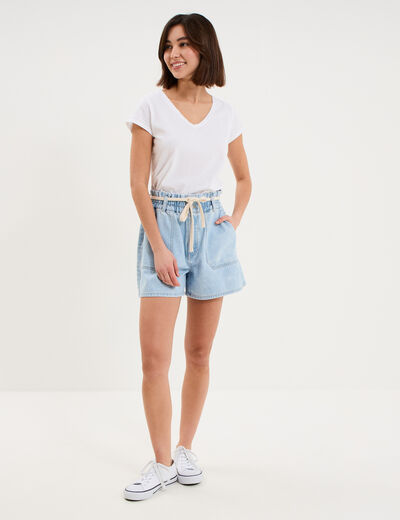 Short mom en jean ceinture cordon denim triple stone femme
