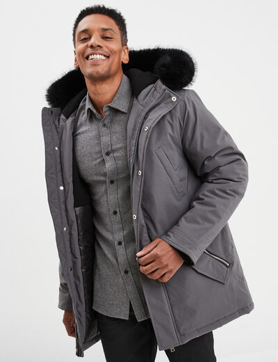 Parka à capuche fausse fourrure amovible gris foncé homme