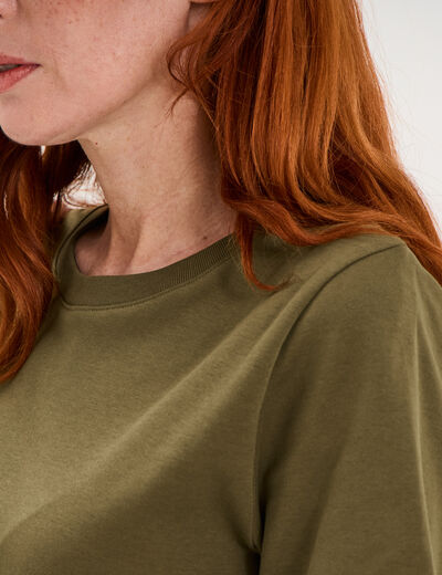 T-shirt col rond manches courtes coton vert kaki femme