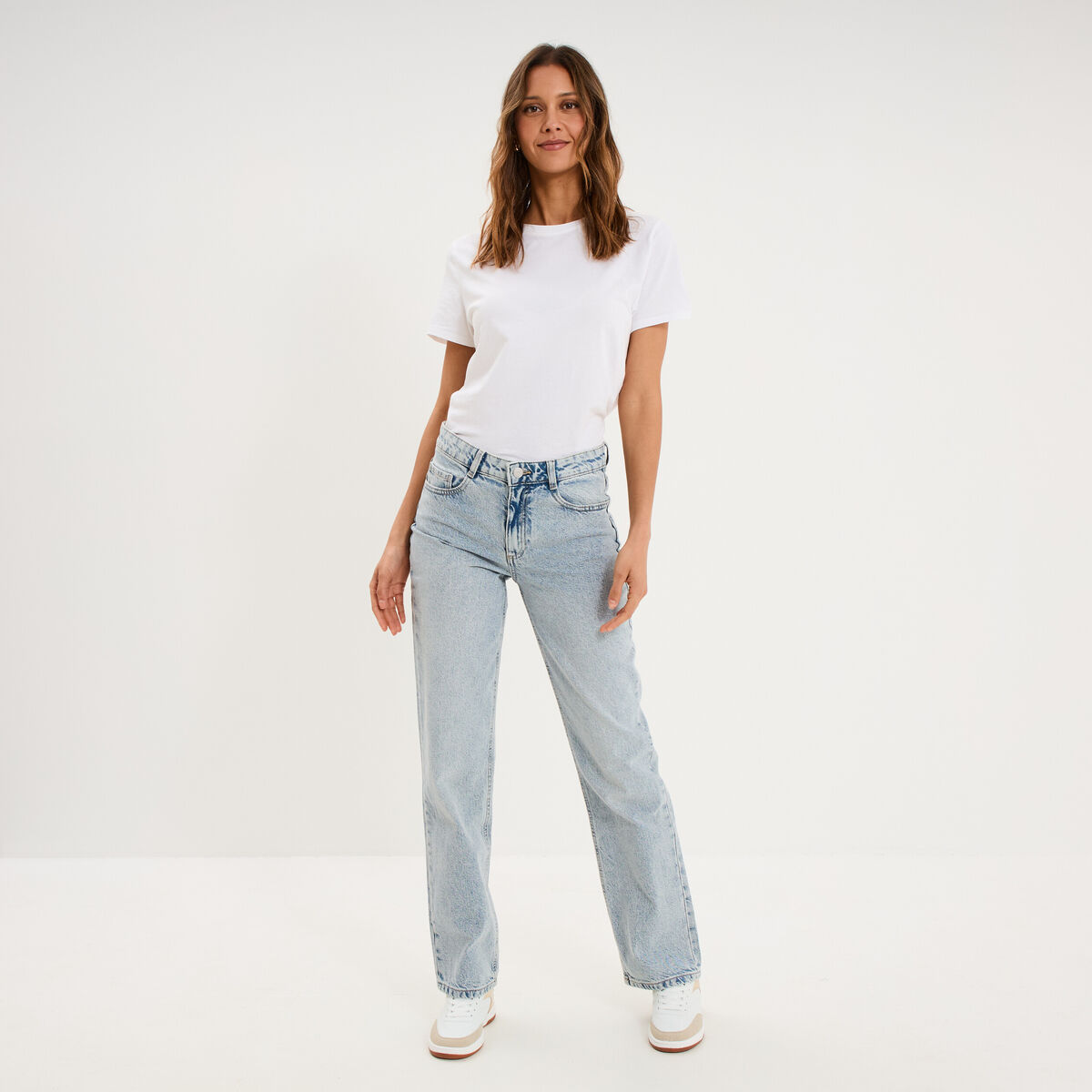 Jean droit taille basse coton denim triple stone femme