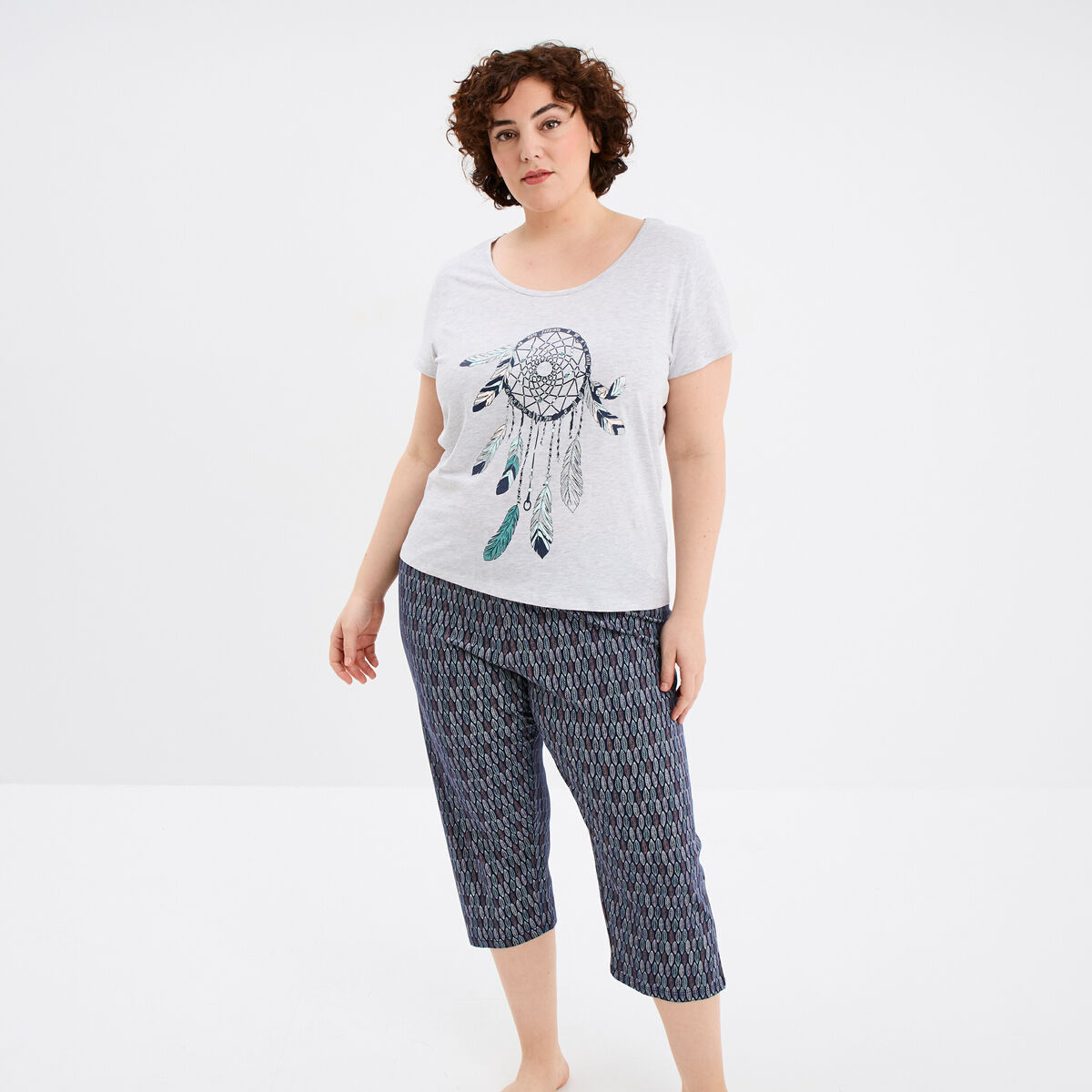 Ensemble pyjama corsaire 2 pi&egrave;ces coton gris clair femme grande taille