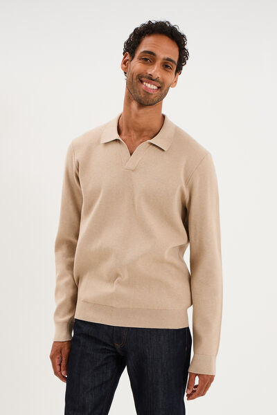 Pull col polo manches longues beige homme