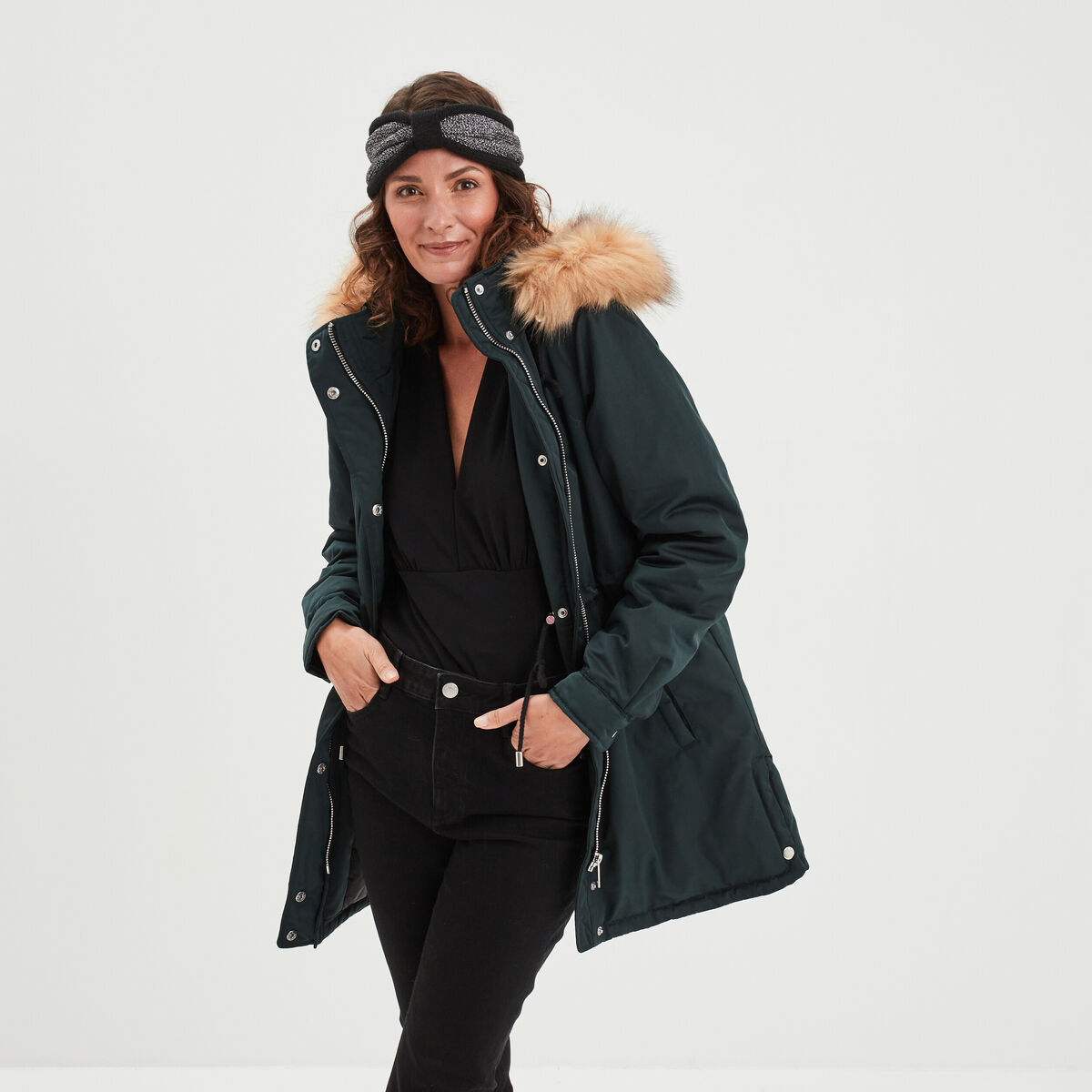 Parka avec capuche fourrure vert foncé femme