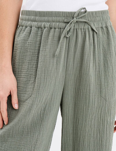 Pantalon fluide élastiqué gaze de coton vert kaki femme
