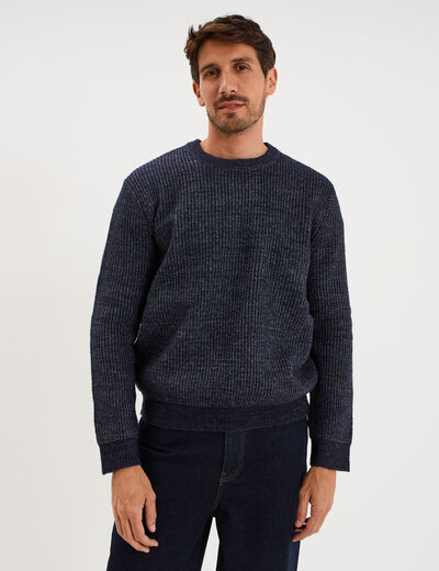 Pull col rond &agrave; manches longues bleu fonc&eacute; homme