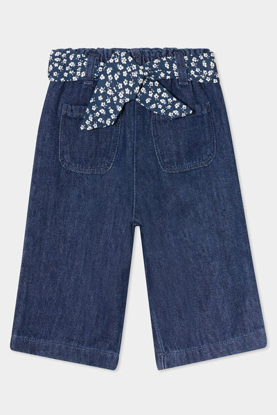 Jeans large ceinture foulard coton bleu b&eacute;b&eacute; fille