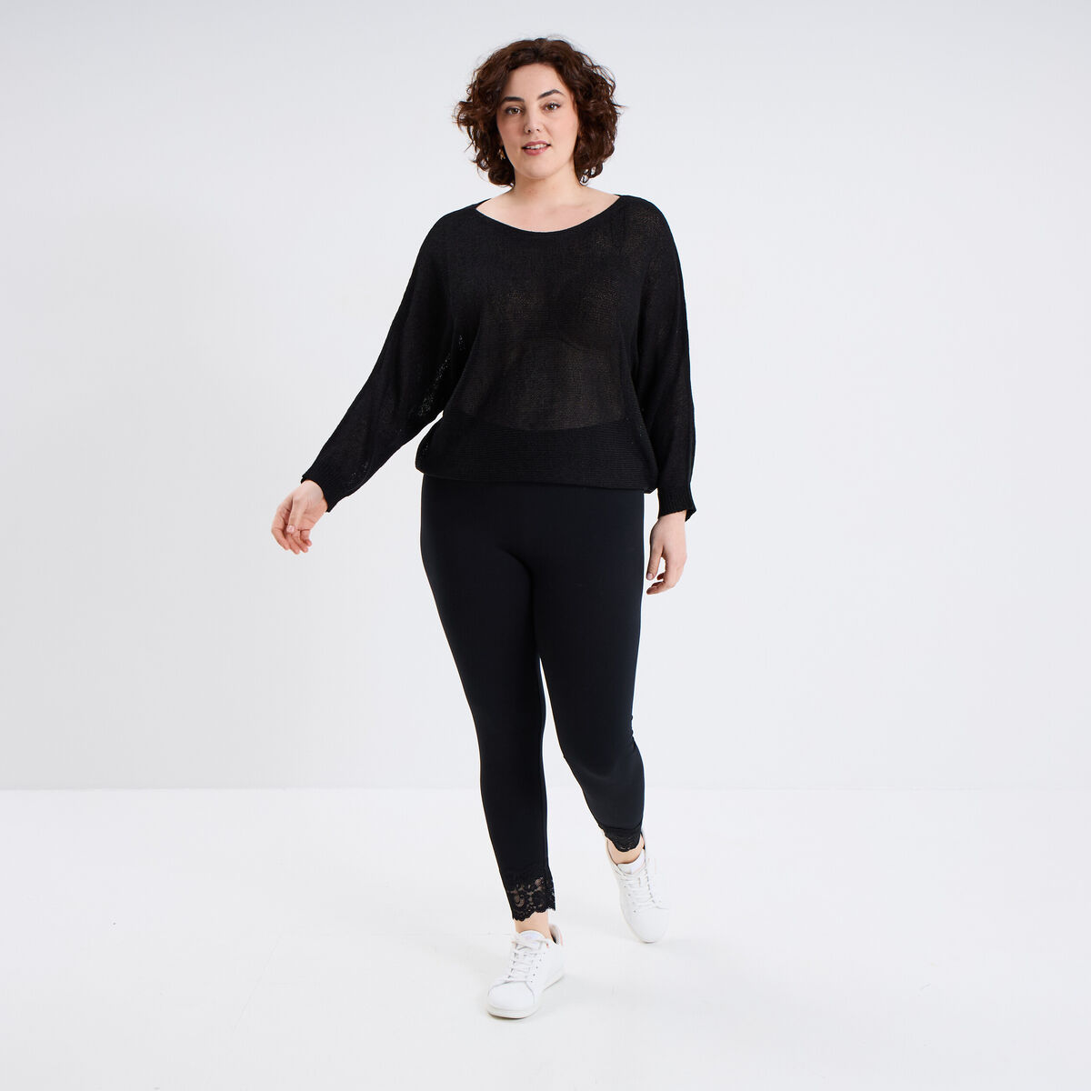 Legging cheville dentelle coton noir femme grande taille