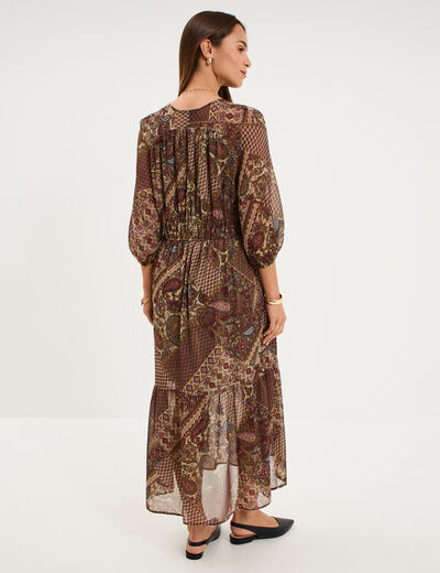 Robe longue fluide manches 3/4 col en V vert kaki femme