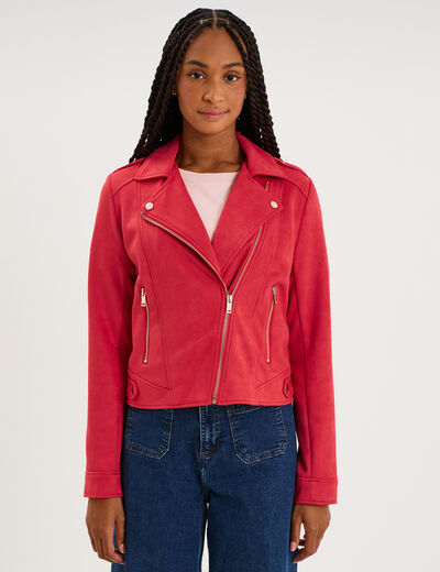 Veste biker effet su&eacute;dine rouge femme