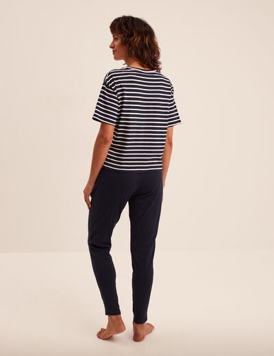 Ensemble pyjama pantalon 2 pièces coton bleu marine femme
