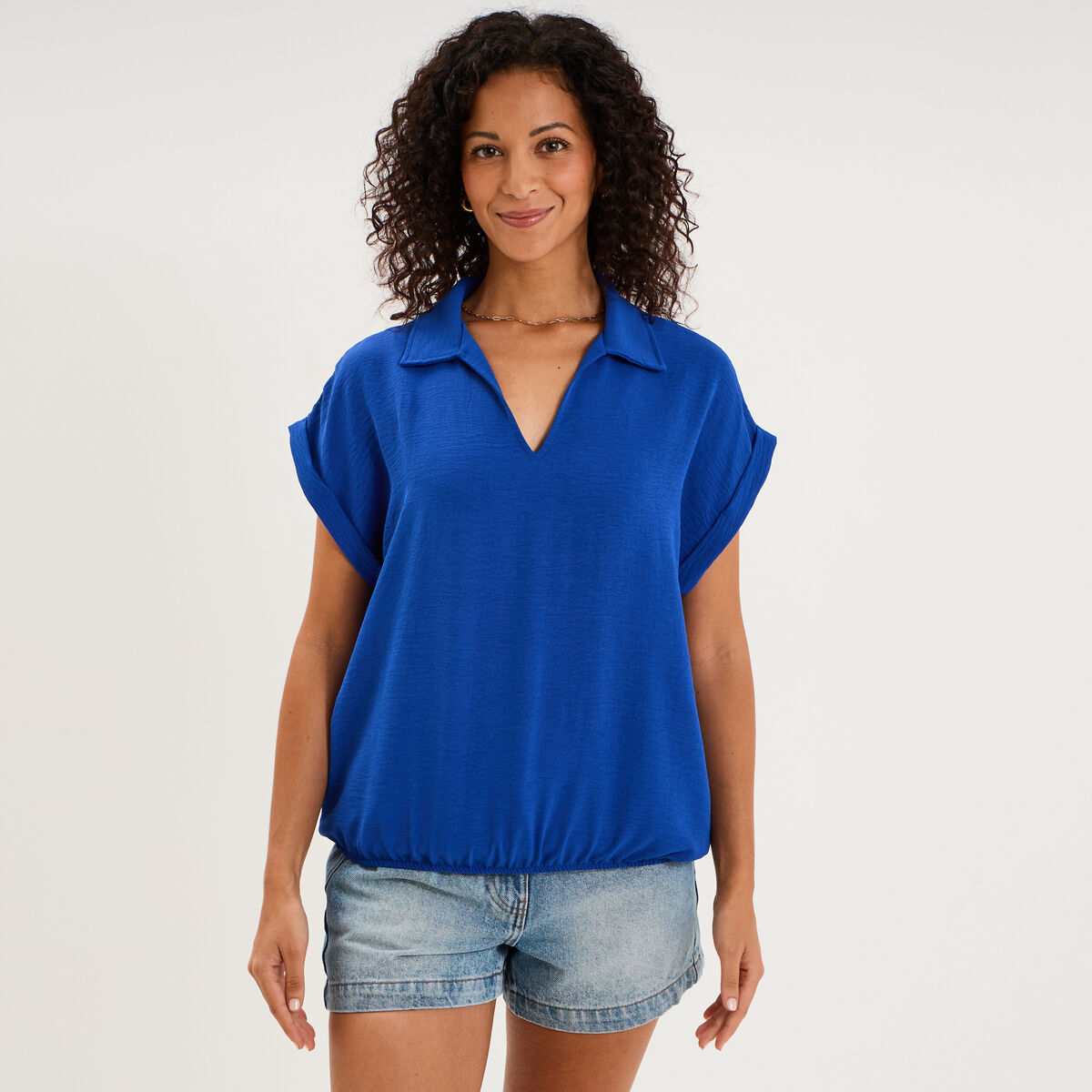 Blouse manches courtes effet boule bleu electrique femme