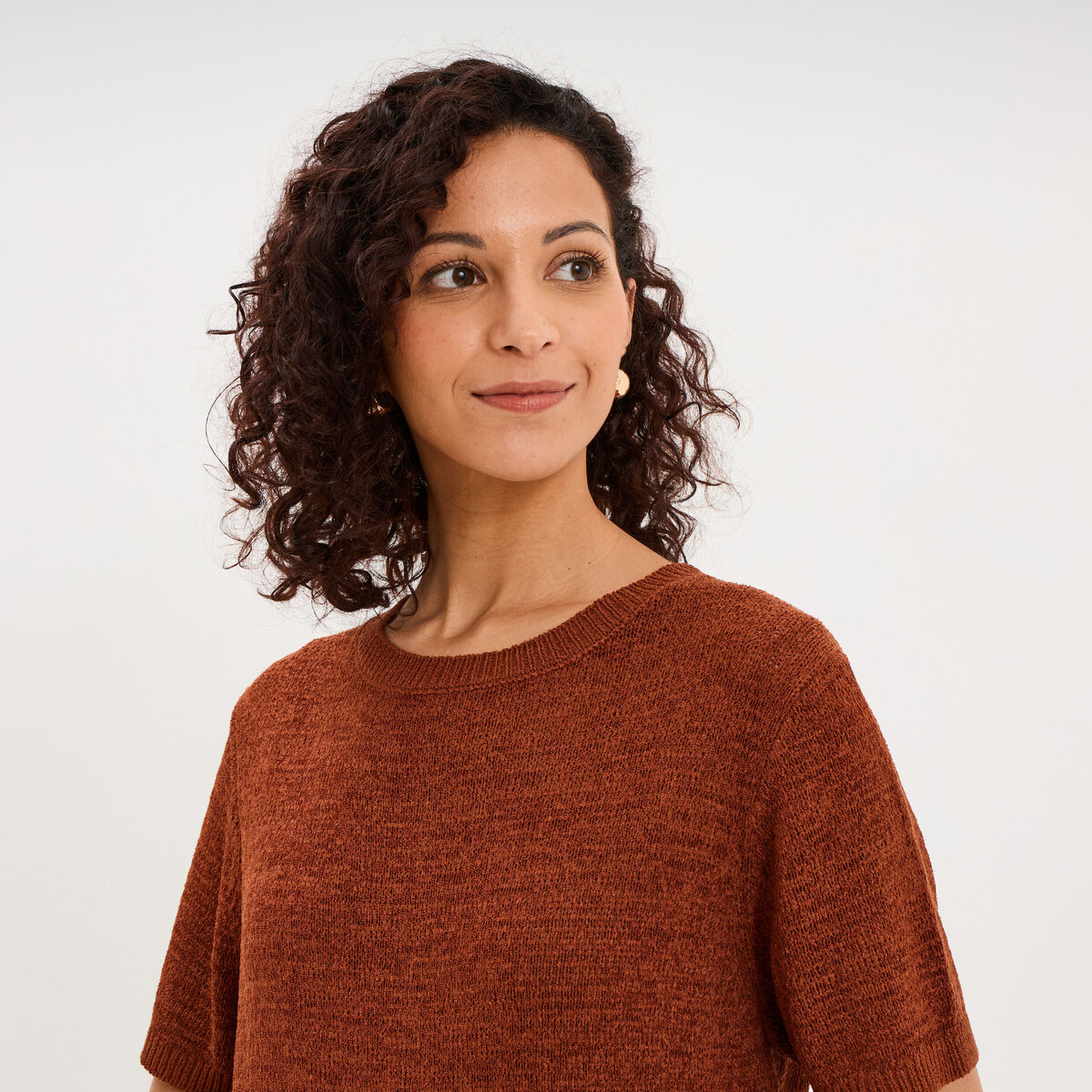Pull manches courtes col rond camel femme