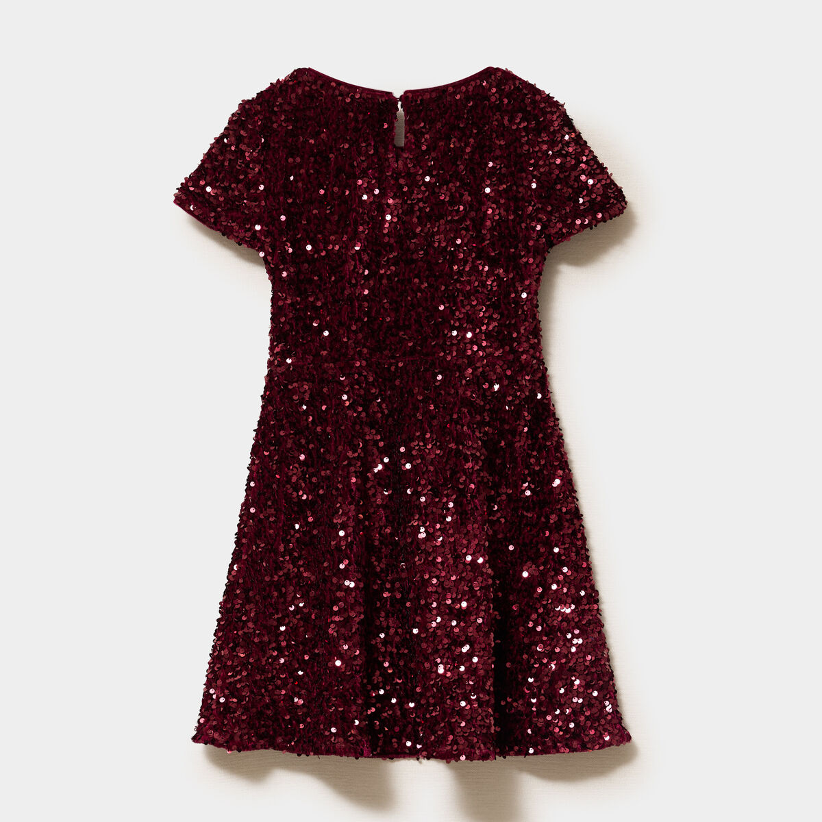 Robe trap&egrave;ze &agrave; sequins manches courtes bordeaux fille