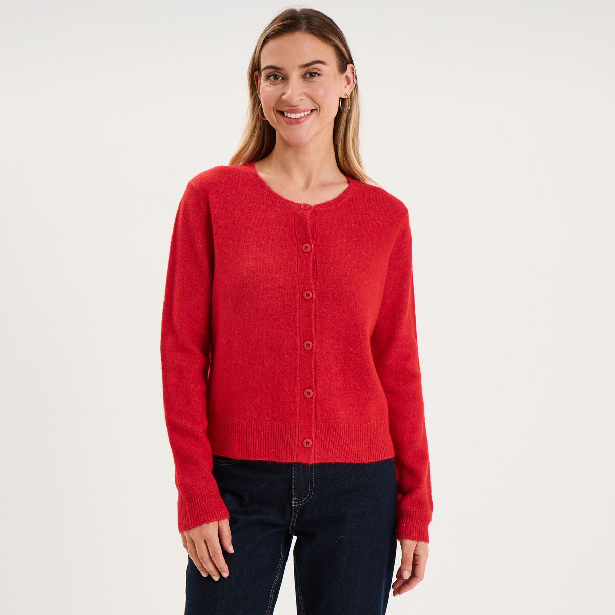 Gilet col rond manches longues rouge femme
