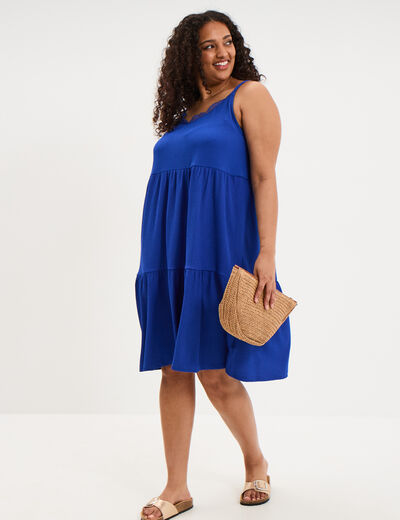 Robe bretelles &agrave; volants longueur genou bleu electrique femme grande taille
