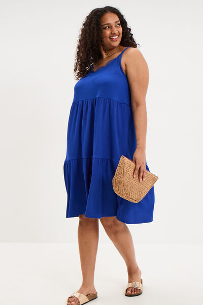 Robe bretelles &agrave; volants longueur genou bleu electrique femme grande taille