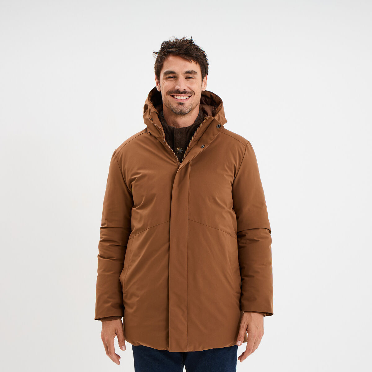 Parka mi-longue &agrave; capuche marron homme