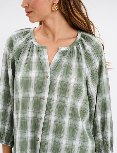 Blouse manches 3/4 ballons coton Creeks vert kaki femme