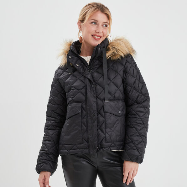 Doudoune matelassée à capuche fourrure noir femme