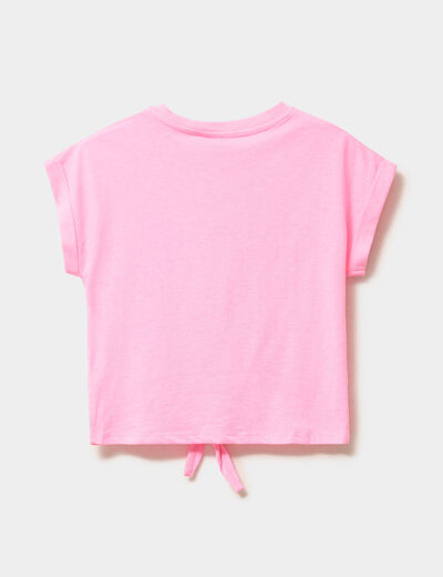 T-shirt nou&eacute; sequins manches courtes rose fluo fille