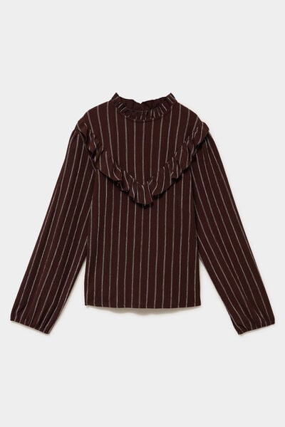 Blouse col montant &agrave; volants marron fonc&eacute; femme