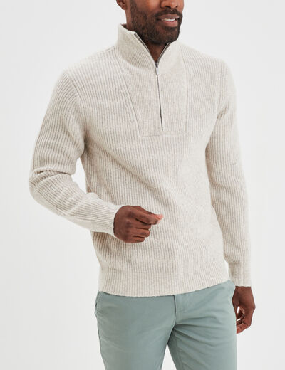 Pull avec col camionneur côtelé beige homme