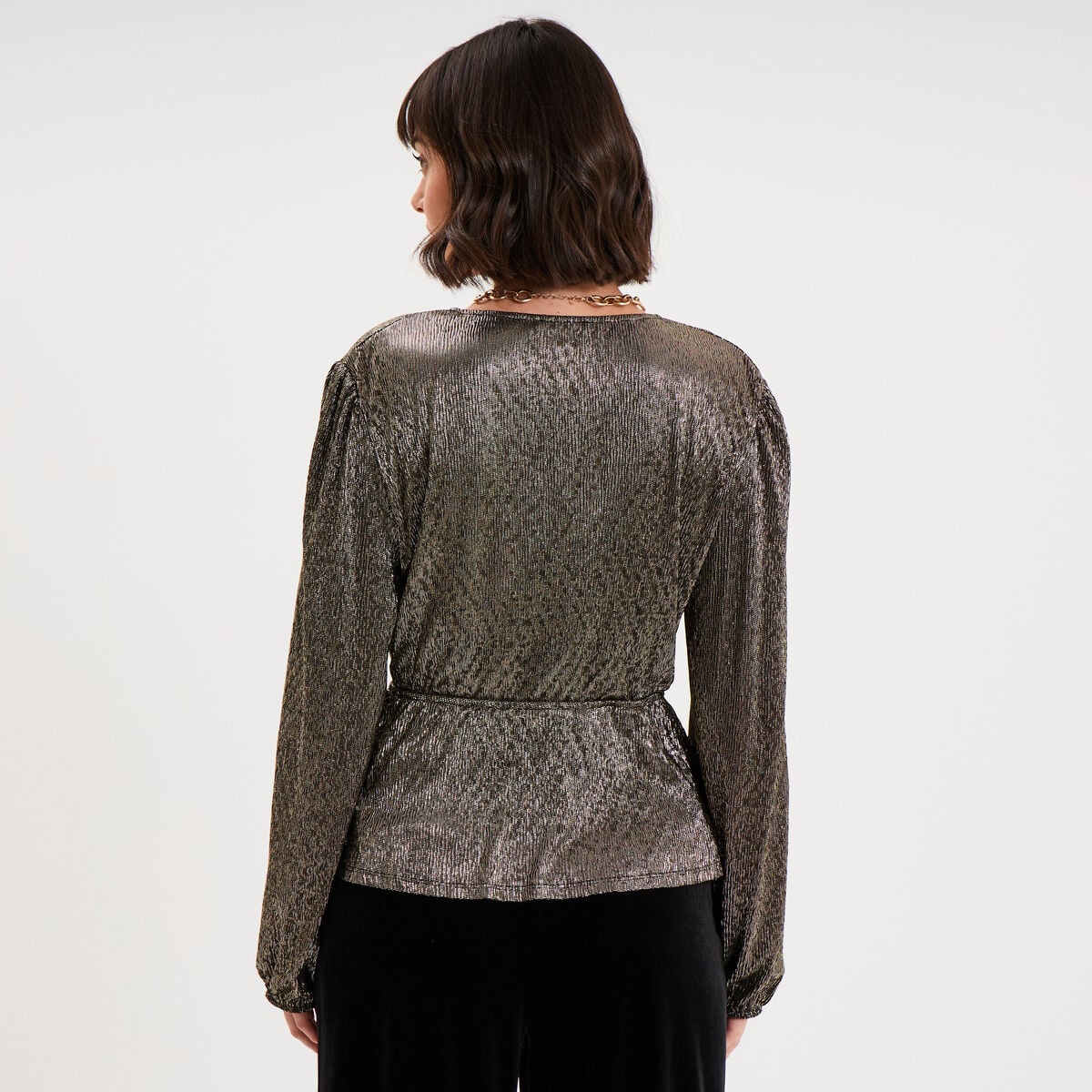 Blouse cache-coeur manches longues jaune or femme