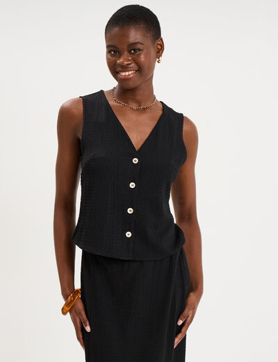 Veston gaufr&eacute; ajust&eacute; boutonn&eacute; col en V noir femme