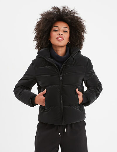 Doudoune courte imperméable à capuche noir femme