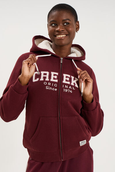 Sweat &agrave; capuche doublure effet sherpa violet fonc&eacute; femme