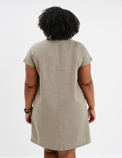 Robe droite genou col tunisien vert kaki femme grande taille