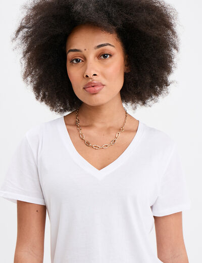 T-shirt manches courtes col en V coton blanc femme
