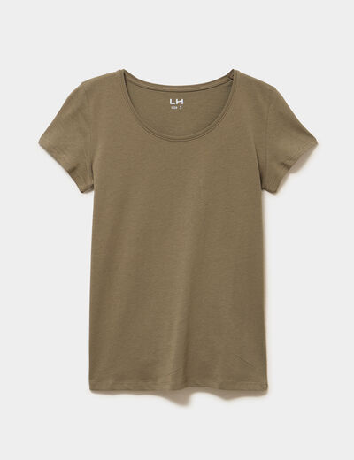 T-shirt coton col rond manches courtes vert kaki femme