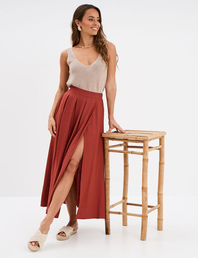 Jupe longue évasée plis creux marron cognac femme
