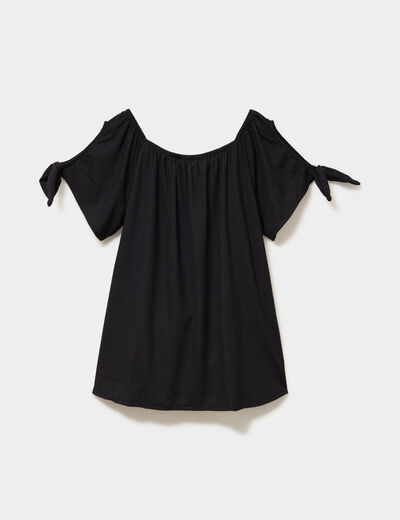 T-shirt gaufr&eacute; avec manches &agrave; noeuds noir femme grande taille
