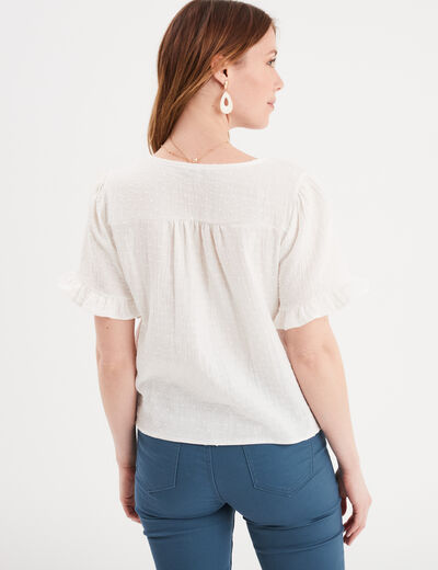 Blouse plumetis nouée manches courtes blanc femme