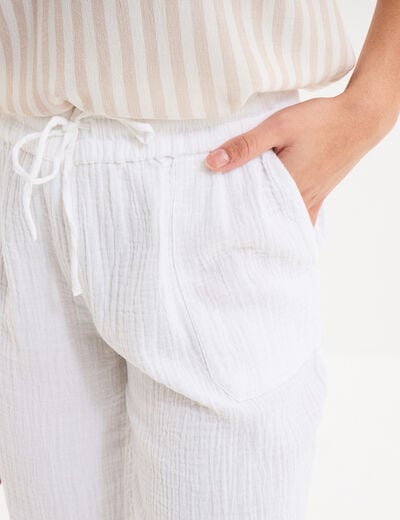 Pantalon fluide &eacute;lastiqu&eacute; gaze de coton blanc femme