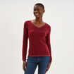 T-shirt manches longues col en V coton bordeaux femme