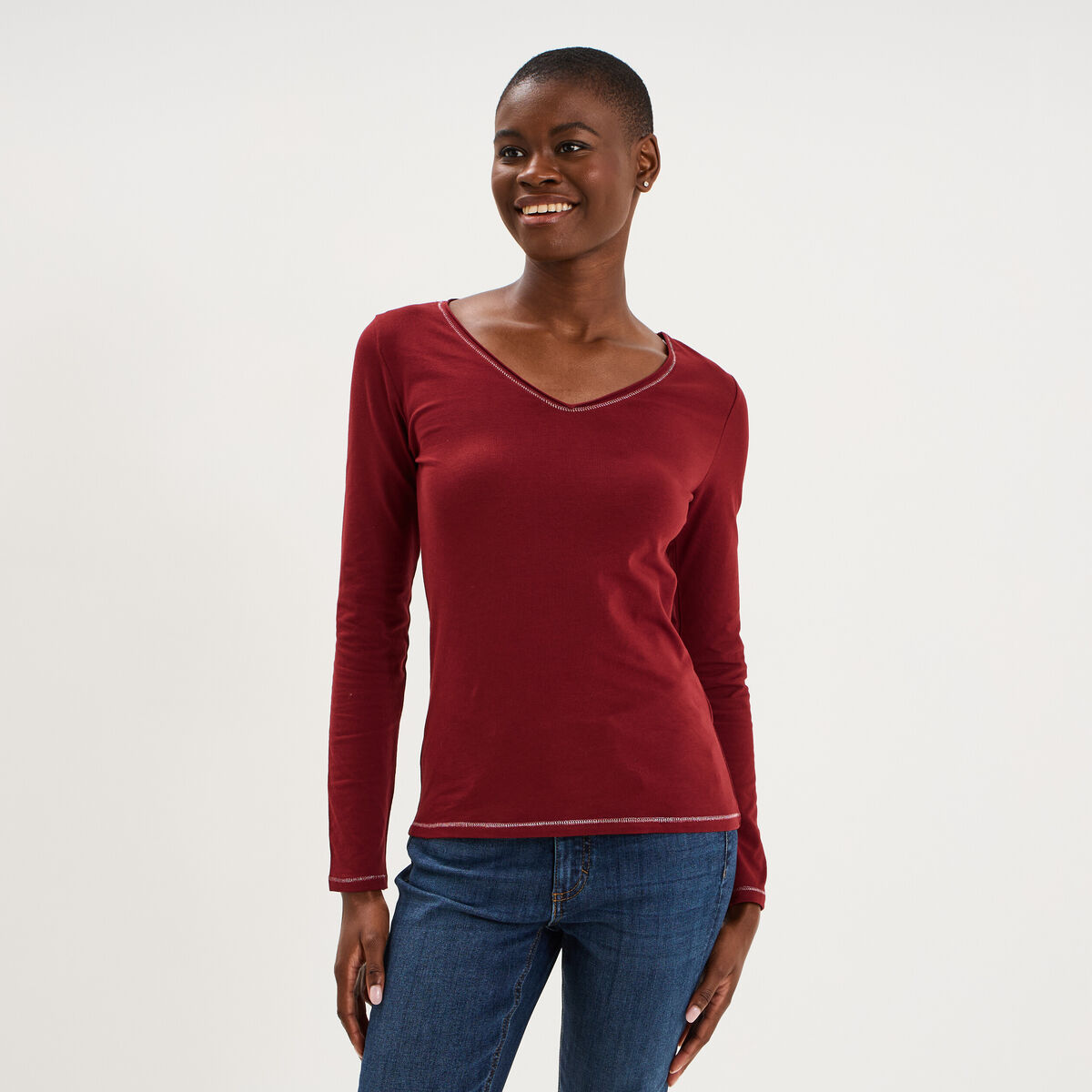 T-shirt manches longues col en V coton bordeaux femme