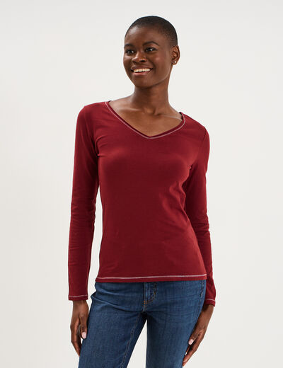 T-shirt manches longues col en V coton bordeaux femme
