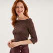 T-shirt cintr&eacute; col bardot manches 3/4 taupe femme