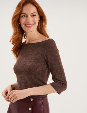 T-shirt cintr&eacute; col bardot manches 3/4 taupe femme