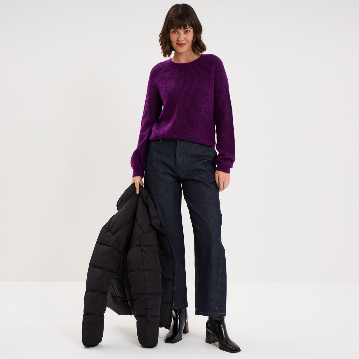 Pull col rond manches longues violet fonc&eacute; femme