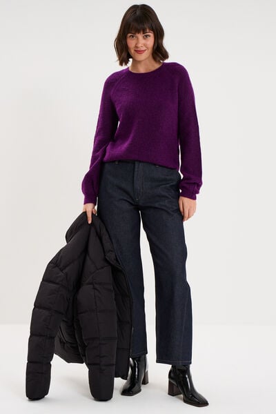 Pull col rond manches longues violet fonc&eacute; femme